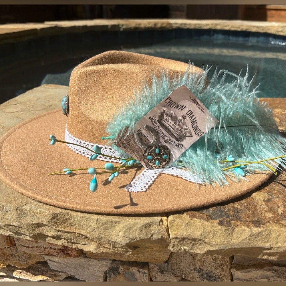 Custom Felt Hat Turquoise Accents & Feather